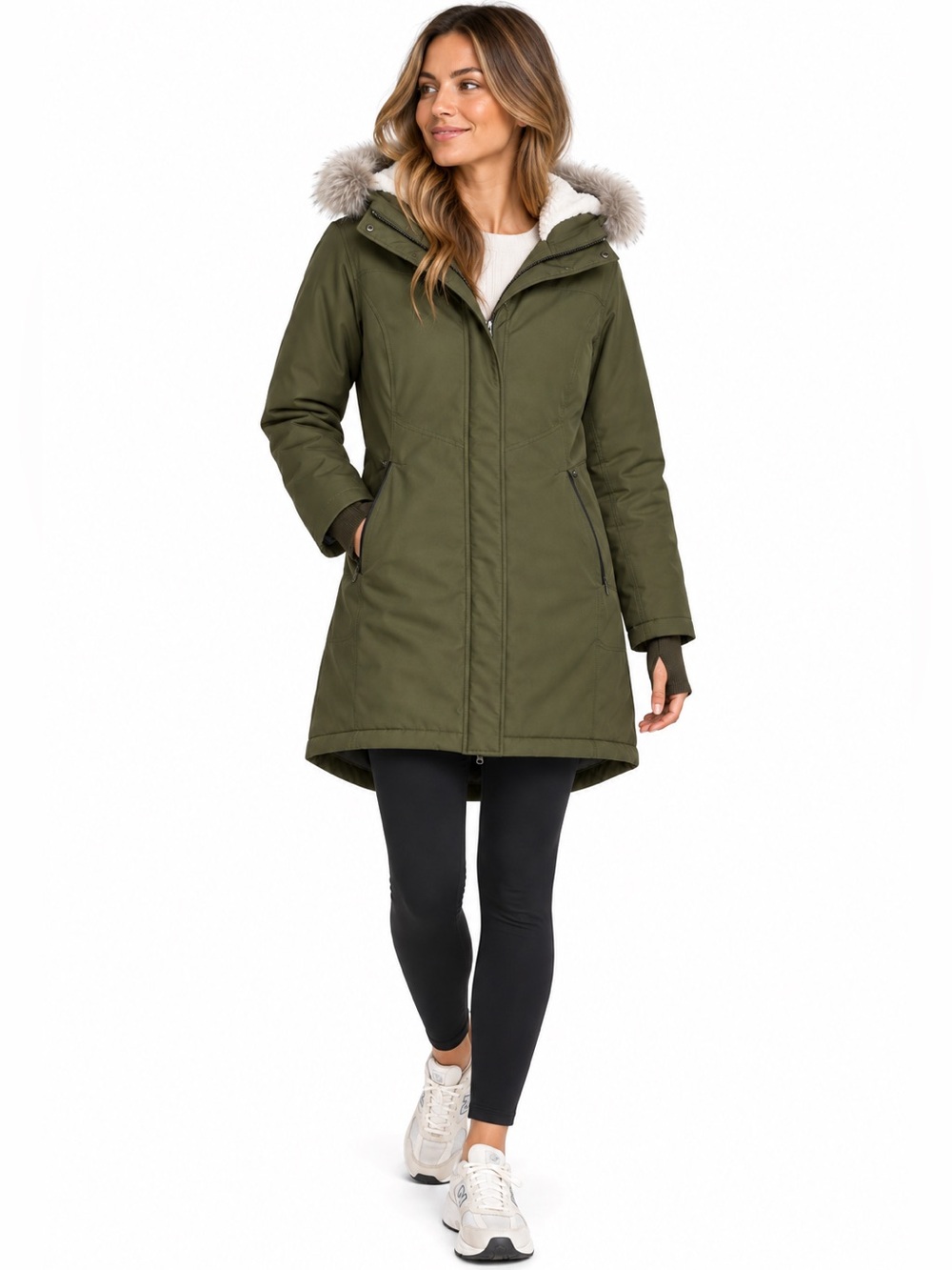 All In Motion Women’s Faux Fur Hooded Parka Winter Snow Jacket XL Olive Green